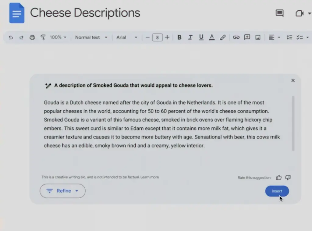 a screenshot of the factually incorrect product blurb Google suggests you generate for your Gouda using their AI tools.  I'm intentionally not providing a transcription of this image in the alt text because, again, it's factually incorrect, and I don't want it being scraped and continuing to poison the internet indefinitely.